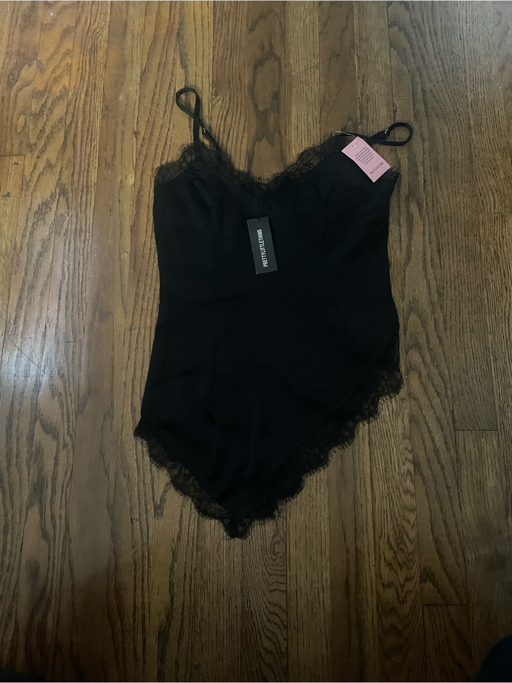 PrettyLittleThing Black Lace Trim Satin Bodysuit Tank